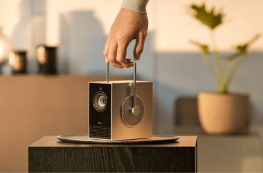 Alto-falante portátil lg futurista, design elegante e moderno, som de alta qualidade, tecnologia inovadora.