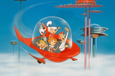 Nave espacial com a família jetsons voando na cidade do futuro.