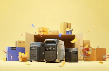 대안: 에코플로우 휴대용 발전기 (하단에 상자와 쇼핑 카트 포함).