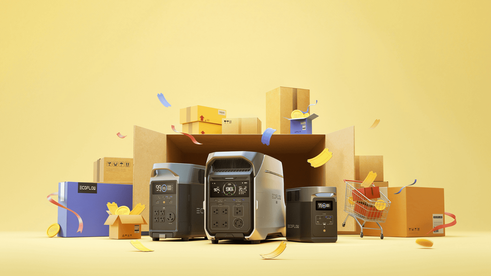 Alternativo: gerador portátil ecoflow com caixas e carrinho de compras no fundo.