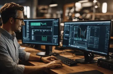 Monitor com gráficos de trading, tecnologia financeira, análise de ações, investimento e mercado de ações.