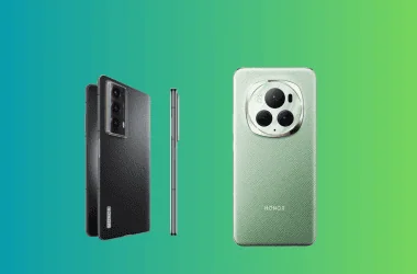 Câmera de smartphone honor com três lentes e design elegante em fundo verde digital.