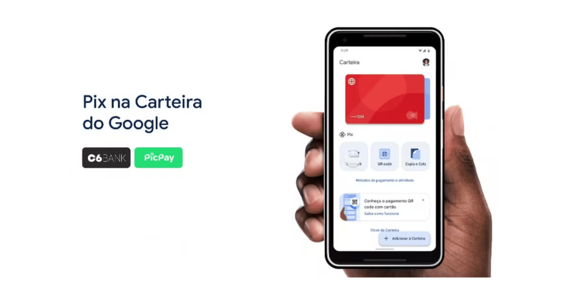 Carta Google Pay sullo schermo dello smartphone con servizi finanziari; in evidenza Pix.