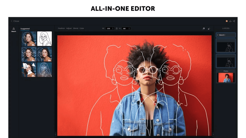 Foto de uma mulher com cabelo afro usando óculos, editando imagem com software de edição all-in-one, fundo vermelho.