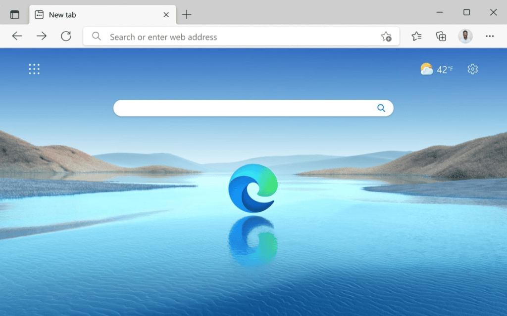 Reconhecimento do logo do microsoft edge na tela de navegador com fundo de landscape aquático.