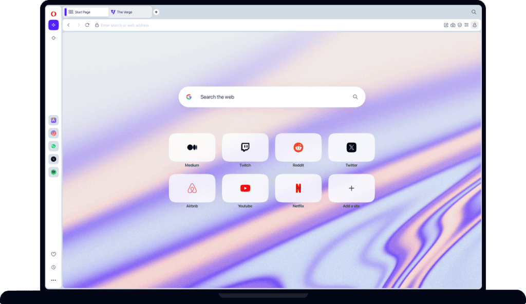 Navegador acessível com favoritos de sites populares e pesquisa rápida na web.
