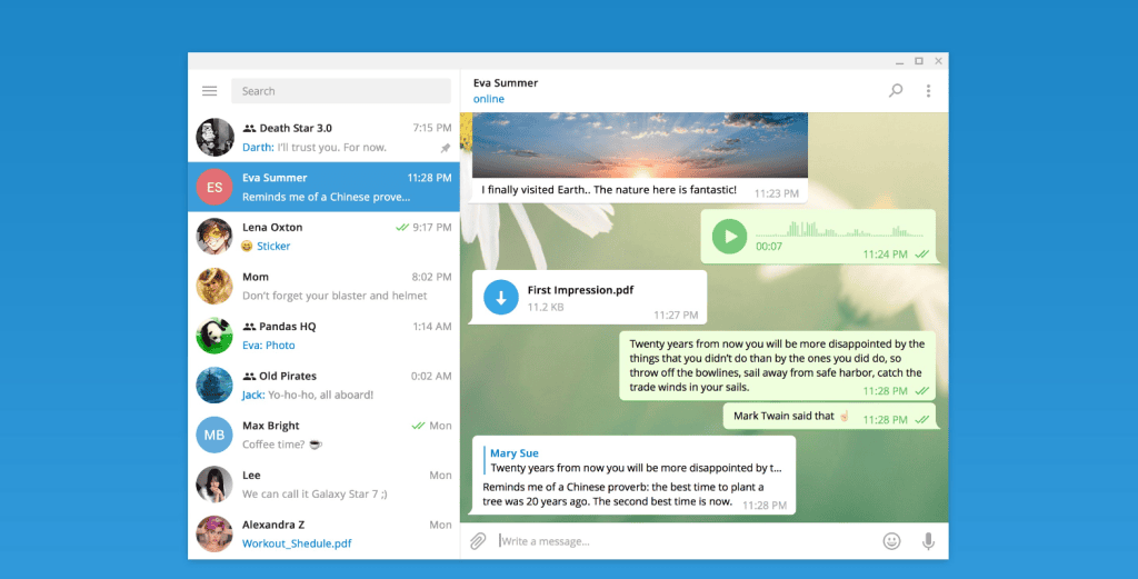 Imagem de um aplicativo de mensagens no computador, exibindo conversas, compartilhamento de arquivos e vídeos.