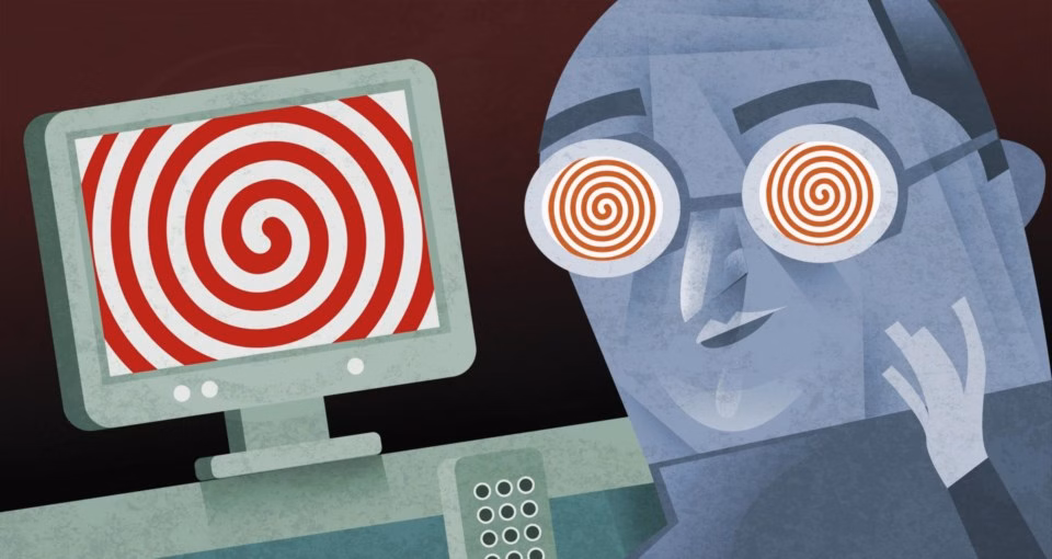 Desenho de pessoa com óculos de espiral assistindo a um monitor com padrão de espiral vermelho.