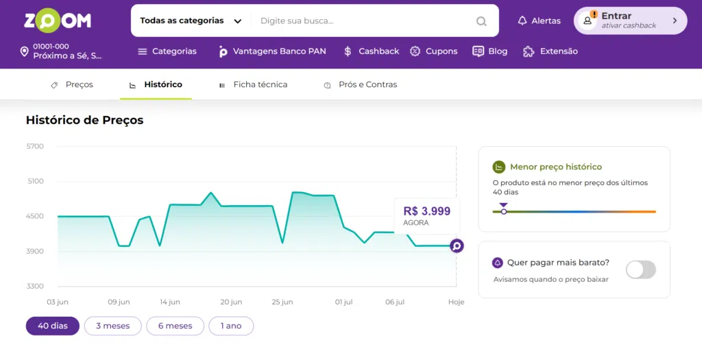 Preço histórico: promoção do galaxy s23 ultra por r$ 3. 999 Captura de tela do zoom mostrando promoção do galaxy s23 ultra