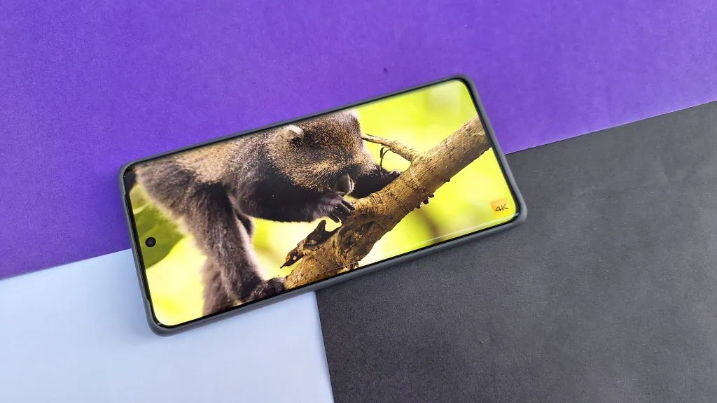 Review: realme gt 6 é um topo de linha com bateria espetacular Macaco em tela do realme gt 6 em fundo colorido