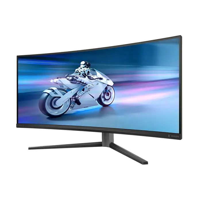 Imagem de monitor ultra wide com imagem de moto futurista para jogos e tecnologia avançada.