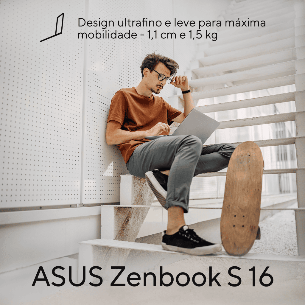 Zenbook s 16 chega ao brasil com processador amd ryzen ai 9 para atividades de ia Homem usando novo notebook da asus