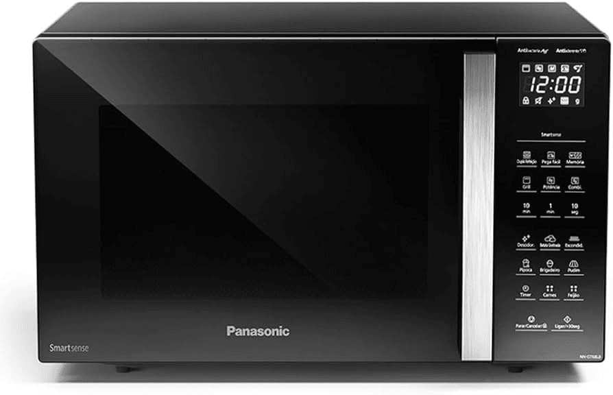 Micro-ondas panasonic com painel digital e tecnologia smart inverter para cozinha moderna.