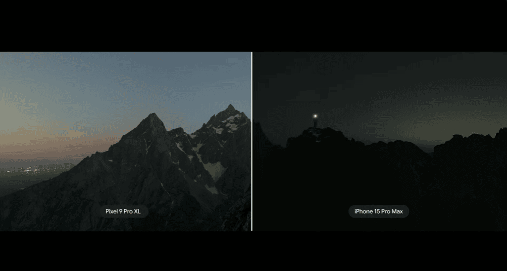 1. Comparação de câmeras pixel 9 pro xl e iphone 15 pro max à noite.