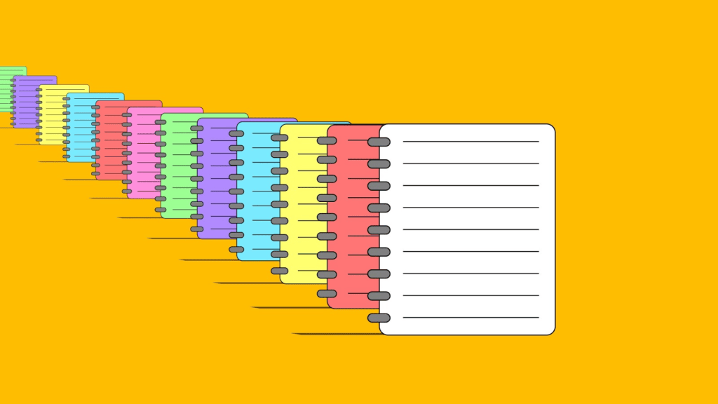 Notas coloridas em espiral, destaque para organização e papelaria criativa.