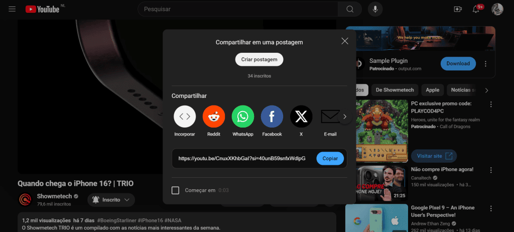 Como baixar vídeo (ou música) do youtube sem app Tela do youtube para copiar link