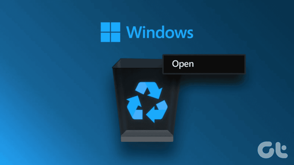 Cesto de lixo com símbolo de reciclagem e logo do windows ao fundo.