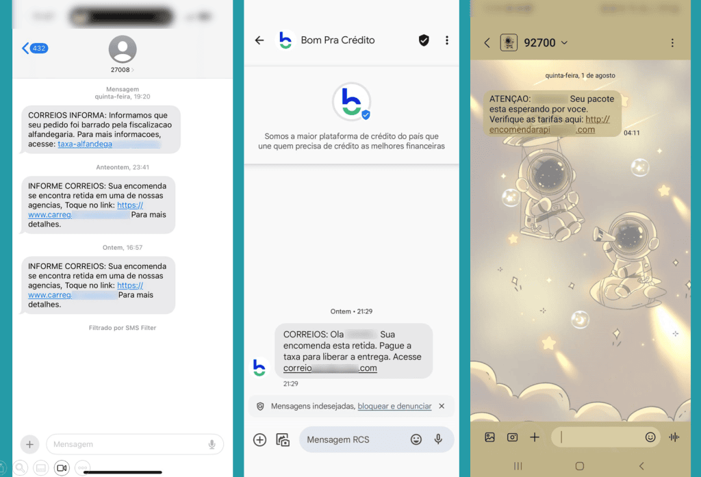 Aparelho de celular exibindo mensagens de confirmação de pagamento e rastreamento de encomendas.