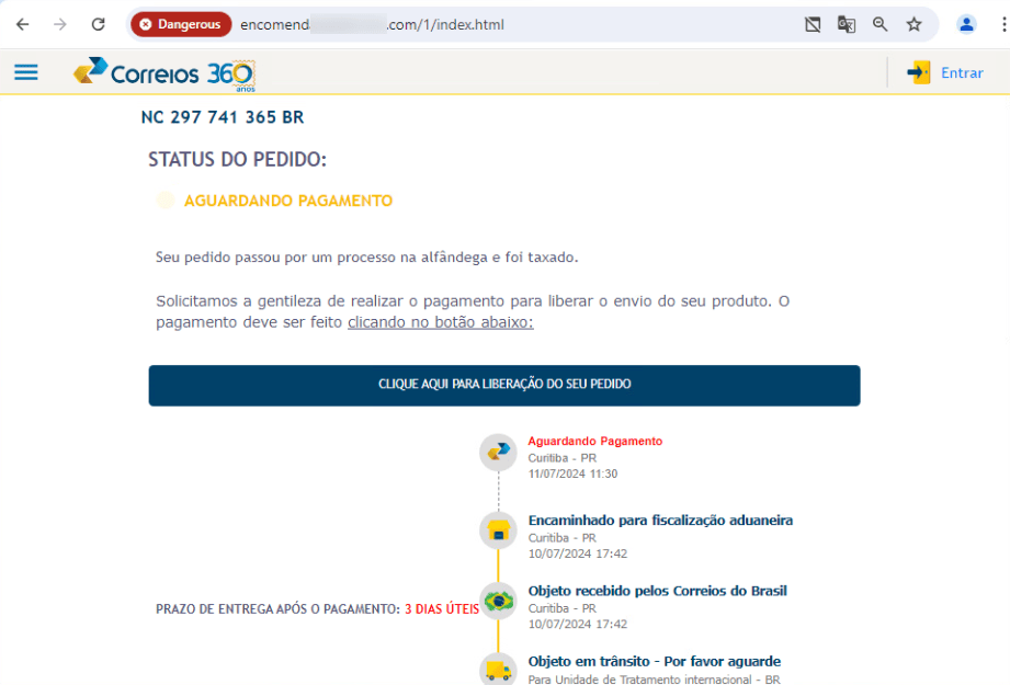Pagamento de pedido de compra online no correios com status aguardando pagamento.