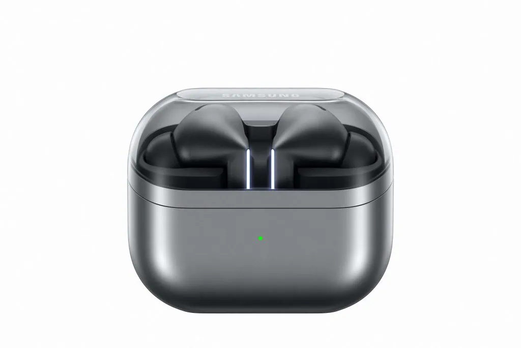 Qual escolher? Galaxy buds3 ou galaxy buds3 pro? Parte frontal do case dos galaxy buds3 pro na cor cinza