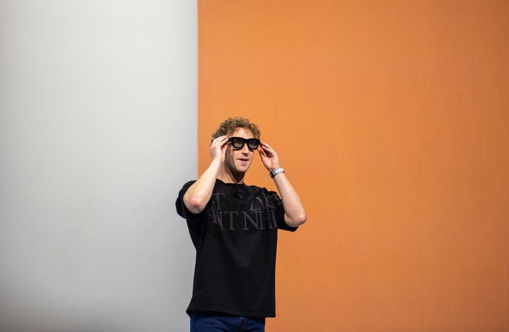 Meta shows off Orion holographic glasses that display images on screen Mark Zuckerberg at Meta Connect 2024 featuring the man wearing Orion Holo Glasses