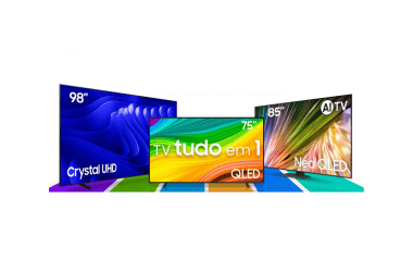 Smart tv 4 modelos destacados, incluindo 98", 85% e 75" com tecnologia qled e uhd.