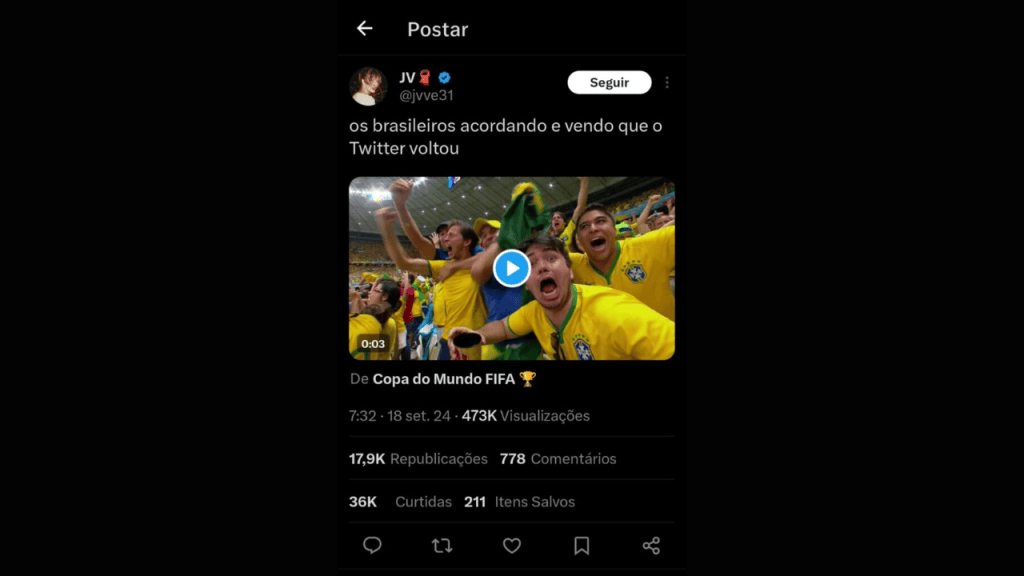 X/twitter voltou? Rede volta a funcionar em celulares no brasil Usuário comemorando que x/twitter voltou