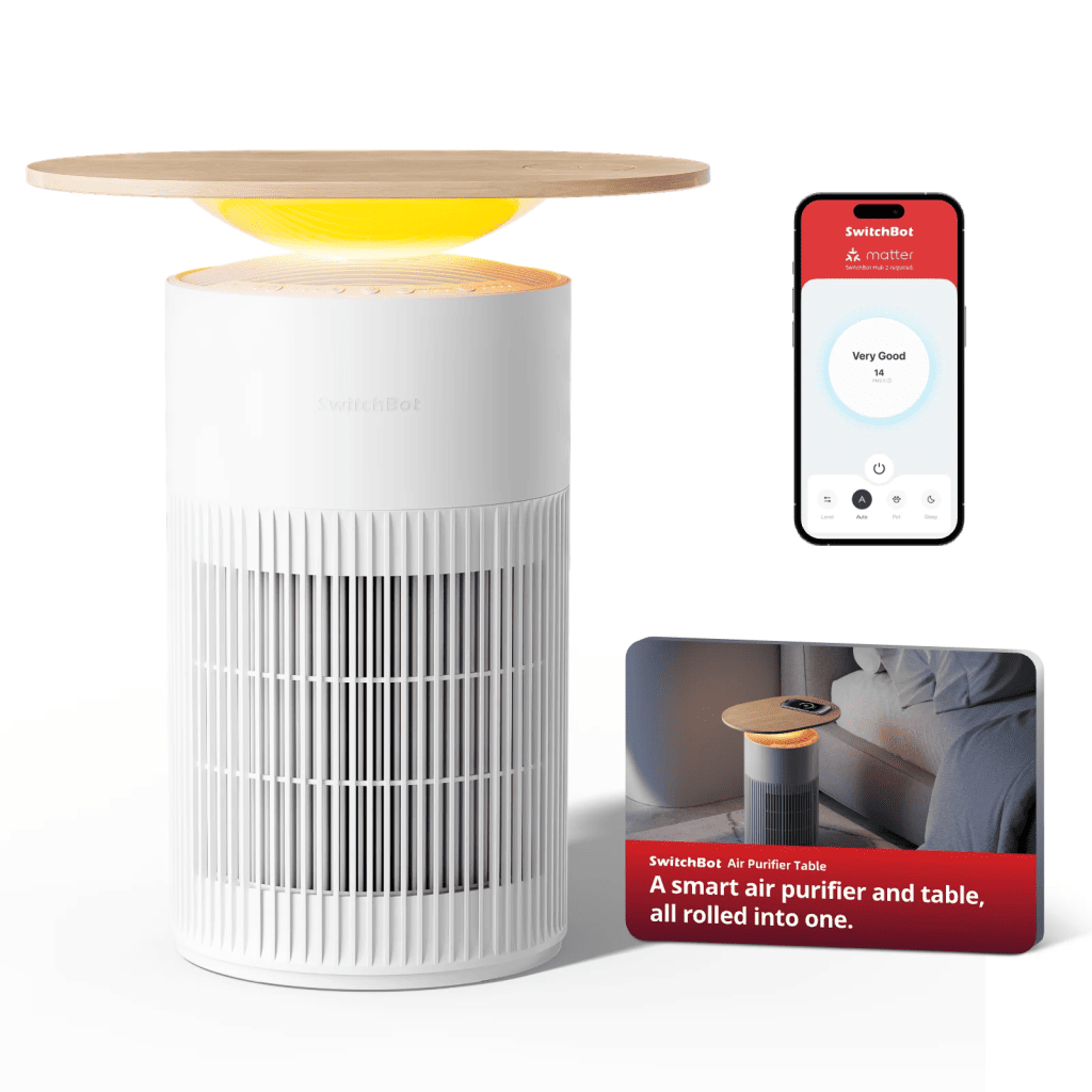 Purificador de ar inteligente switchbot com controle pelo app e design compacto.