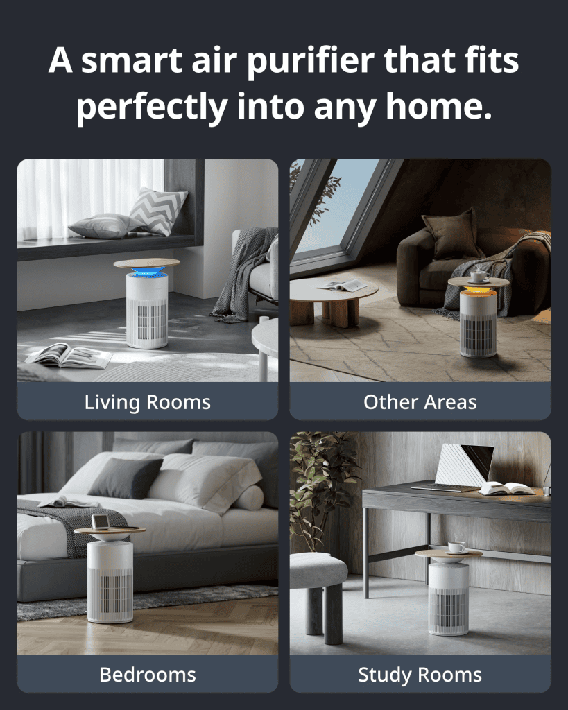 Ambiente com purificador de ar inteligente em diferentes cômodos de casa destinados a living, quartos, áreas diversas e escritórios.