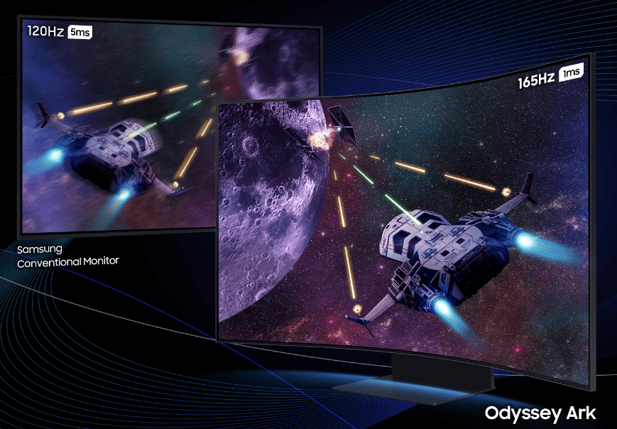 Beste Gaming-Monitore für Serious Games Abbildung: Vergleich der Bildwiederholfrequenz von 120 Hz bei 5 ms mit 165 Hz bei 1 ms / Quelle: Samsung