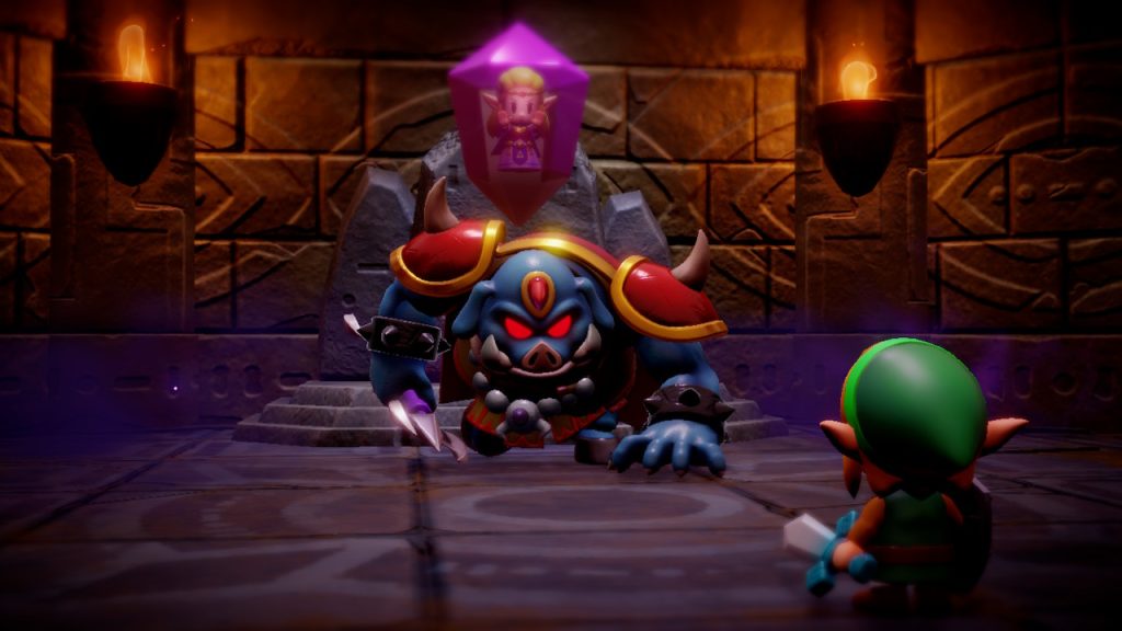 Estátua de gorons e inimigo de zelda em cenário de jogo de videogame com iluminação dramática.