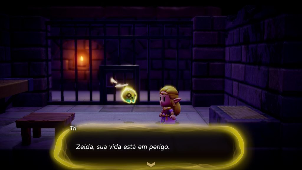 Criança zelda presa em masmorra com mensagem de perigo.