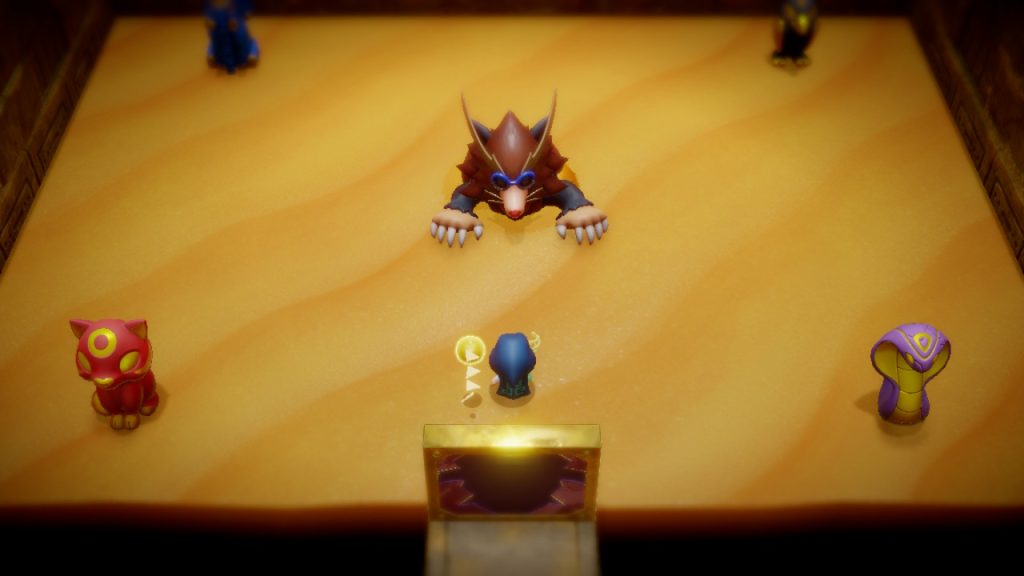 Demônio de pelúcia com óculos fofinho enfrenta personagem em jogo de tabuleiro.