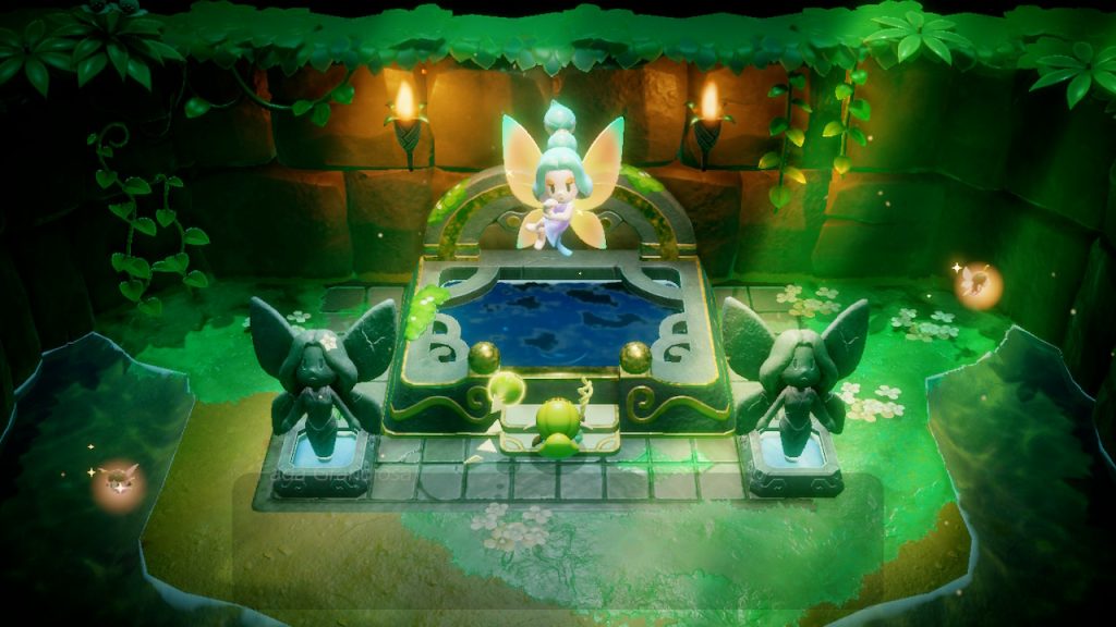 Fonte de luz no jardim mágico com personagem fada no game the legend of zelda: tears of the kingdom.