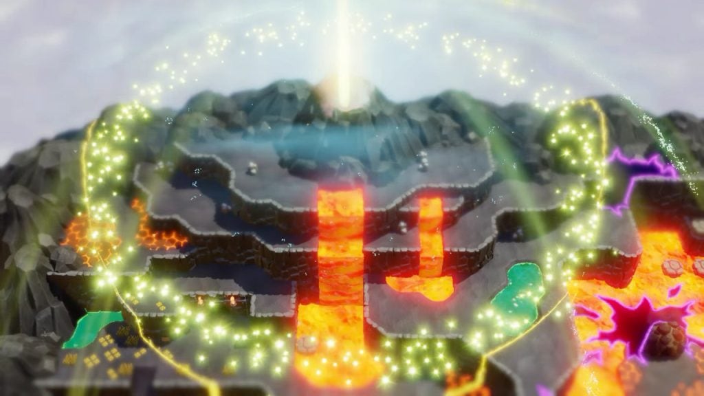 Lava e atividade vulcânica no mapa do jogo minecraft com elementos de energia e explosões.