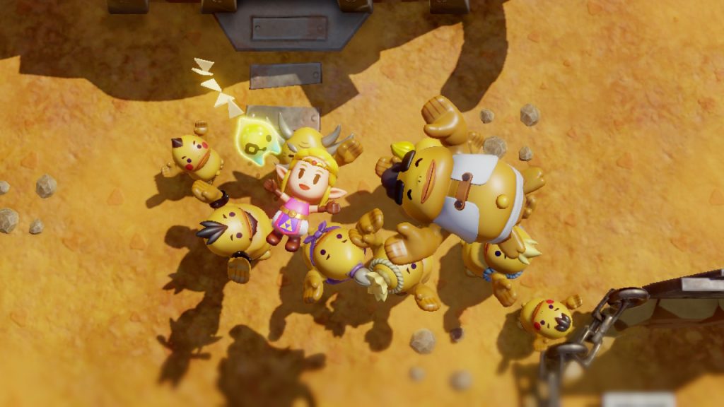 Cavalaria de monstros de chocobo no jogo the legend of zelda: tri force heroes.