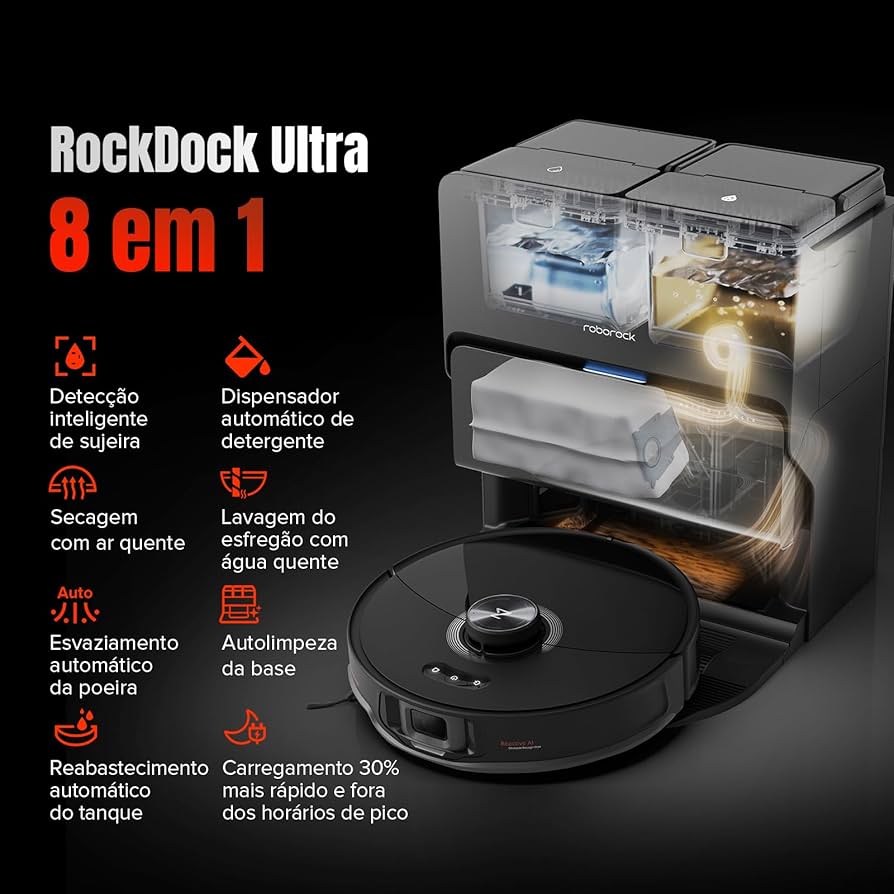 Os melhores robôs aspiradores para a casa Cartaz da roborock s8 maxv que mostra os compartimentos específicos de reservatório de água, para a limpeza do chão, e de resíduos, para a descarga de detritos, além das conexões que permitem o carregamento do aparelho e auto limpeza. (foto: reprodução/roborock)