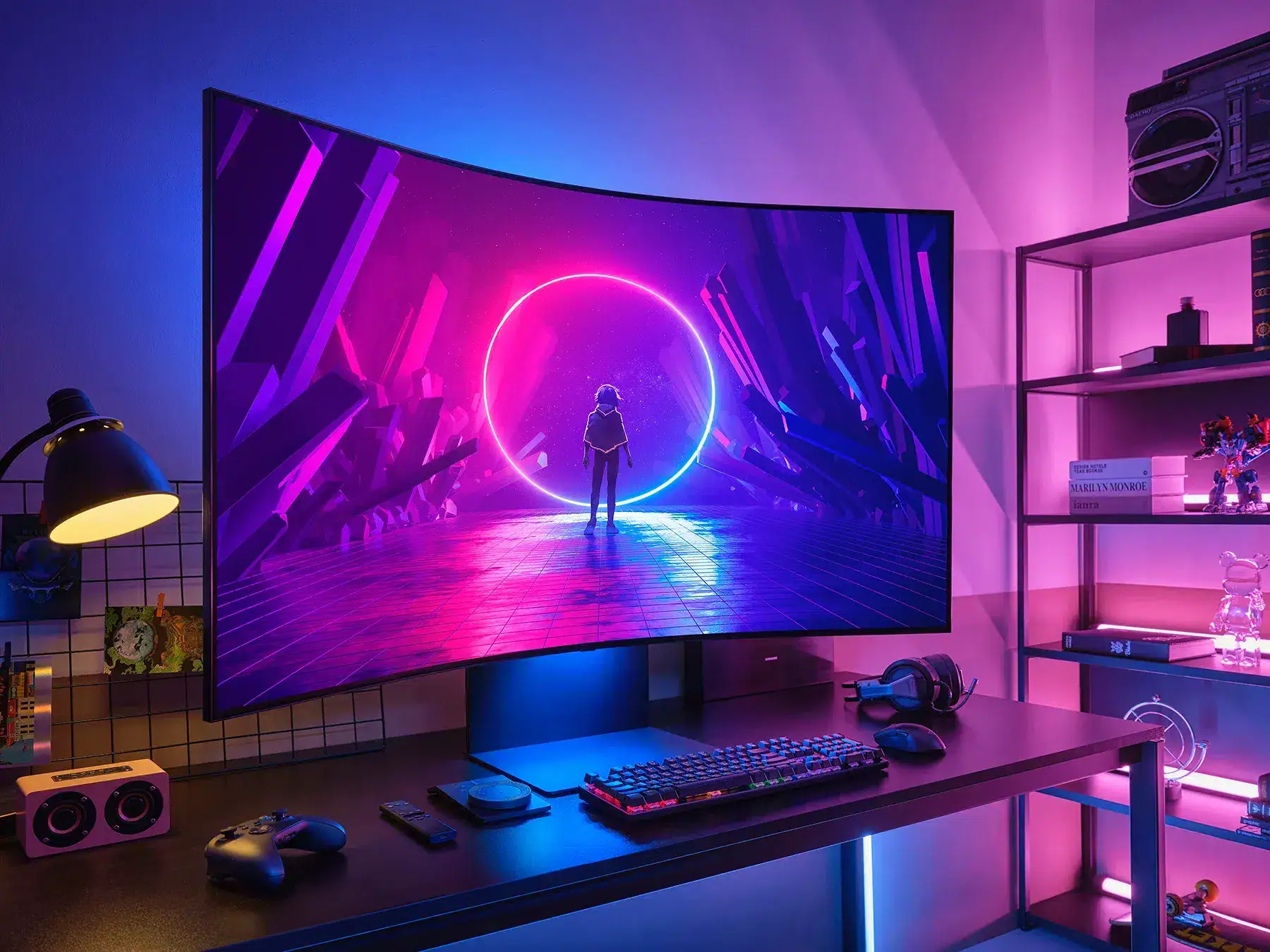 Fundo de tela com cenário futurista de jogo ou arte digital com cores neon roxo e azul.