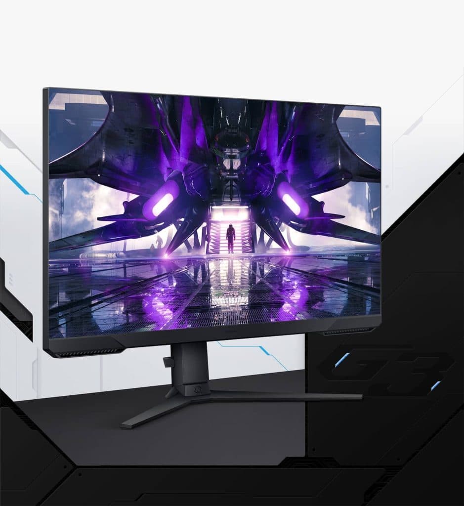 Monitor gamer com design futurista e iluminação rgb, ideal para jogos e edição de vídeos.