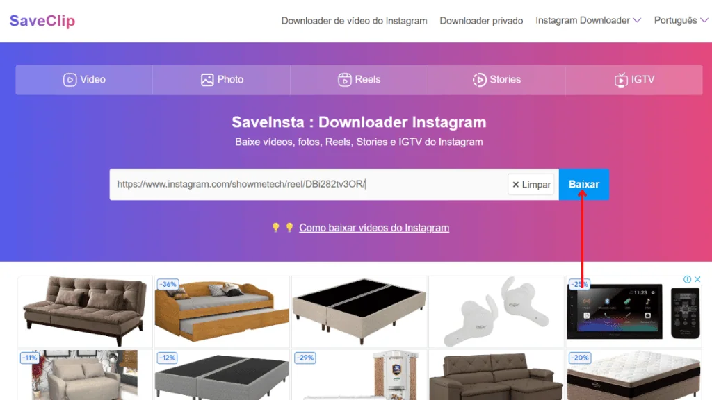 Como baixar vídeo do instagram (reels, post e stories) Uso do saveclip para baixar reels do instagram pelo pc