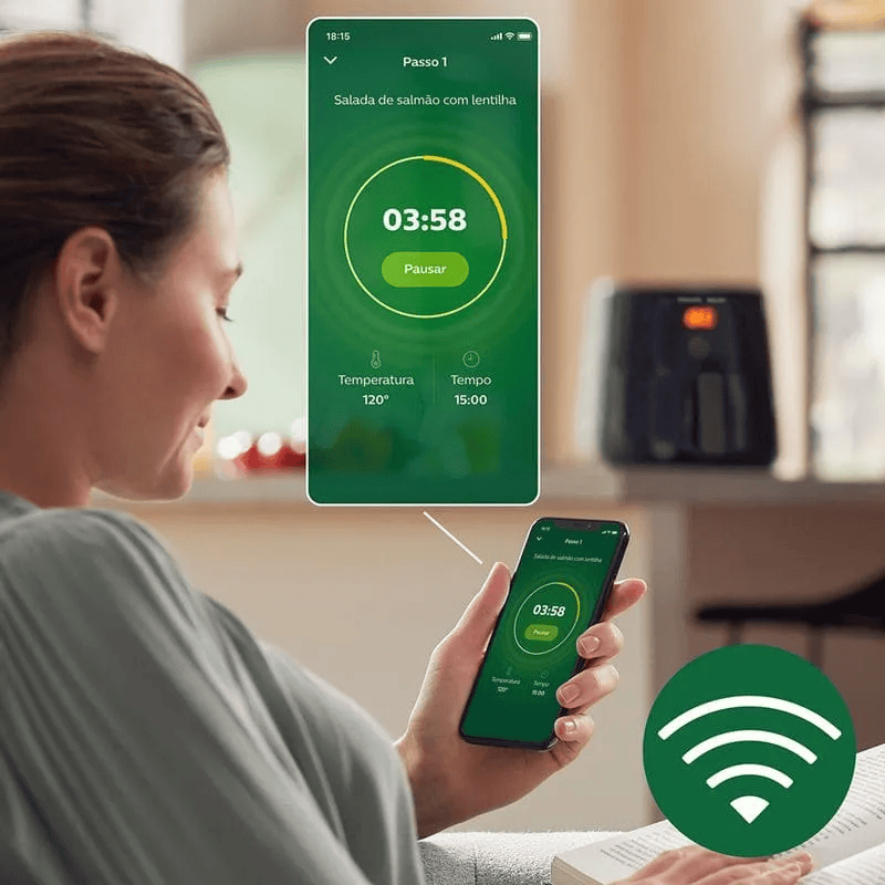 Review: philips walita essential xl é uma airfryer inteligente Pelo aplicativo, você pode aumentar e diminuir a temperatura e o tempo de duração, além de pausar e retomar o cozimento à vontade. (foto: reprodução/philips)