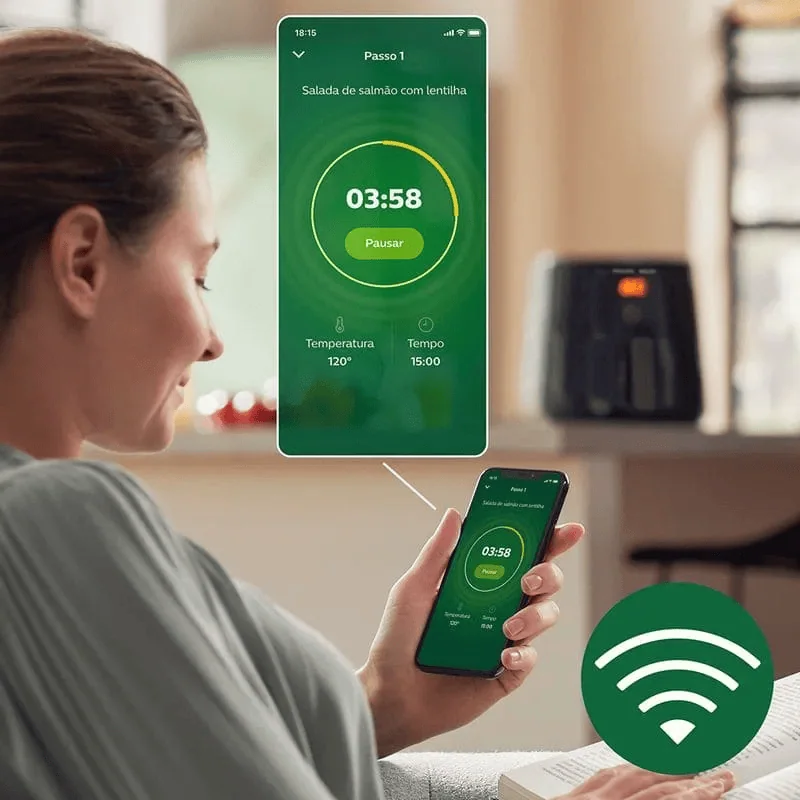 Review: philips walita essential xl é uma airfryer inteligente Pelo aplicativo, você pode aumentar e diminuir a temperatura e o tempo de duração, além de pausar e retomar o cozimento à vontade. (foto: reprodução/philips)
