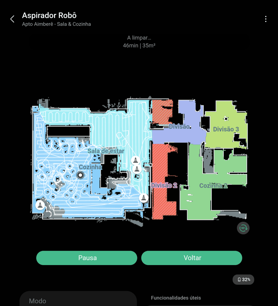 Os melhores robôs aspiradores para a casa Com o aplicativo da samsung, o usuário consegue controlar o aspirador robô remotamente, além de dividir seções da sua casa e seu modo de limpeza e comportamento, e pausar ou retomar as atividades. (foto: reprodução/bruno ayres martinez/showmetech)
