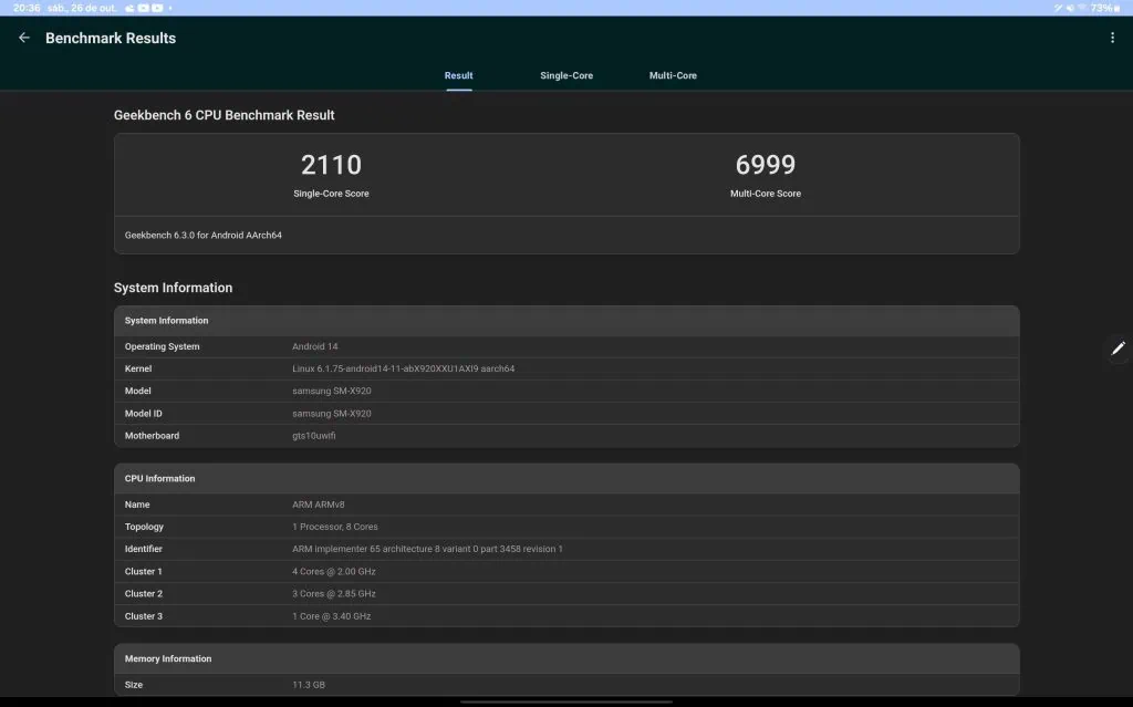 Review: galaxy tab s10 ultra é o topo dos tablets android em 2024 Resultado final do benchmark de cpu no galaxy tab s10 ultra no geekbench 5