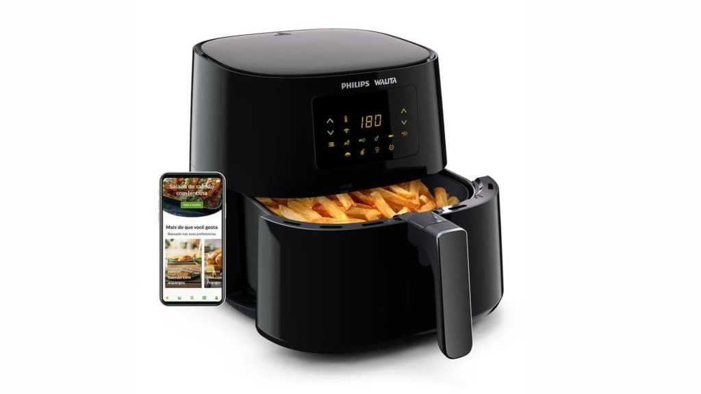 Aspirador de ar quente inteligente com controle via smartphone e tela digital.