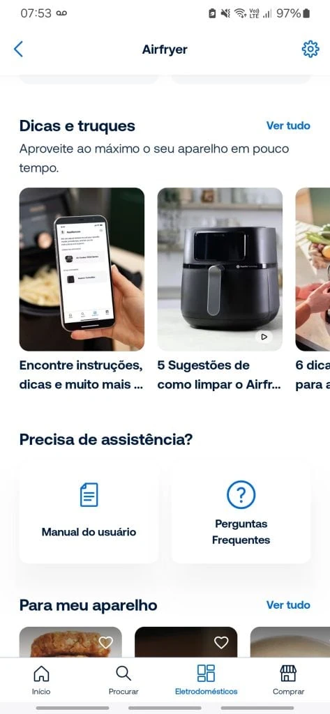 Review: philips walita essential xl é uma airfryer inteligente Há também um espaço de perguntas e respostas e um botão facilitado para um manual do usuário. (foto: reprodução/showmetech/enzo sapio monello)