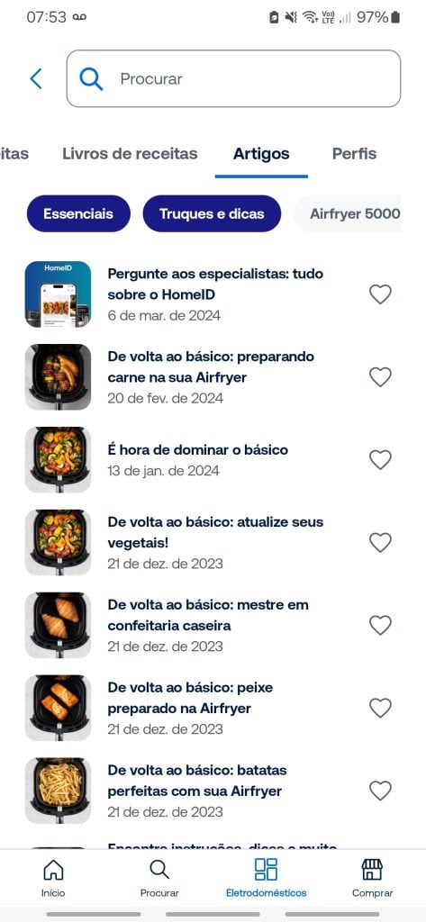 Review: philips walita essential xl é uma airfryer inteligente Há artigos sobre guias culinários e dicas rápidas no aplicativo, na aba "artigos". (foto: reprodução/showmetech/enzo sapio monello)