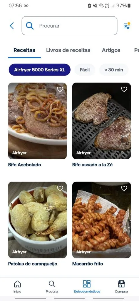 Review: philips walita essential xl é uma airfryer inteligente A aba de receitas dentro do aplicativo homeid, com receitas exclusivas para o preparo na airfryer essential xl e em formato vídeo. (foto: reprodução/showmetech/enzo sapio monello)