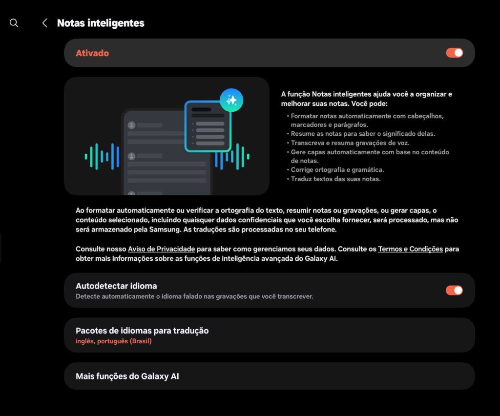 Notas inteligentes ativadas no samsung galaxy com ai, otimize seus registros de voz e texto.
