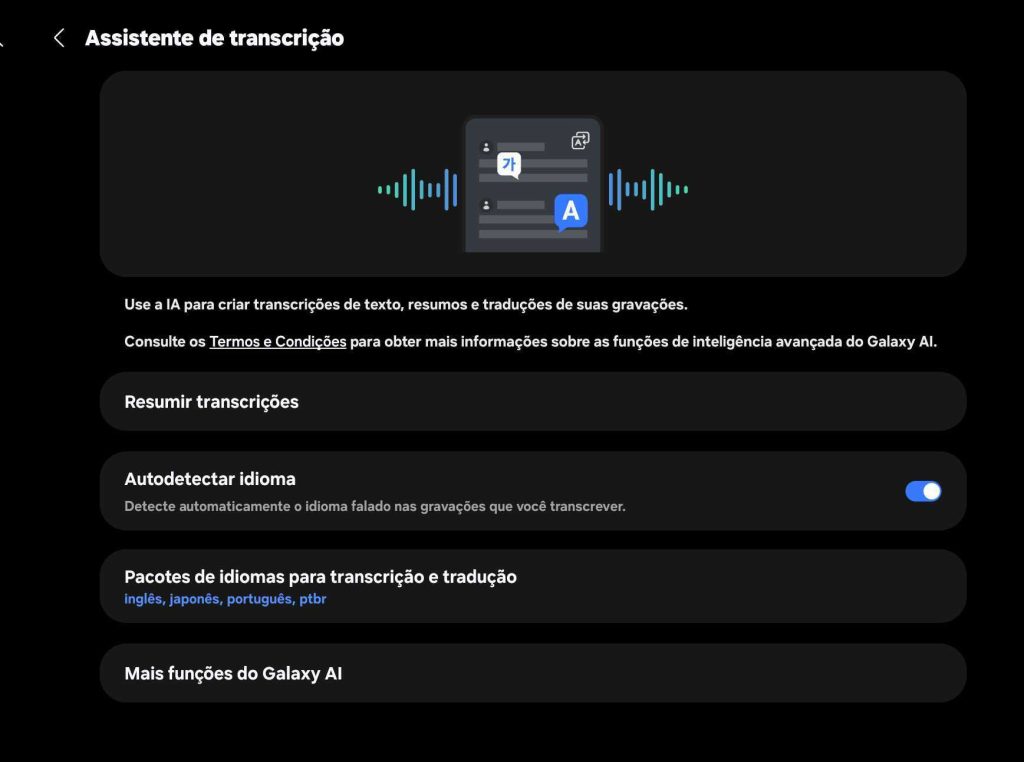 Transcrição com ia no galaxy ai para textos, resumos e traduções de gravações.
